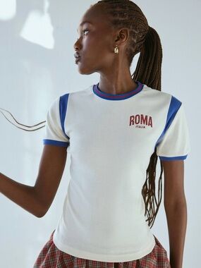 Urban Outfitters Roma Sport Cropped Ringer Baby Tee - Red White Blue